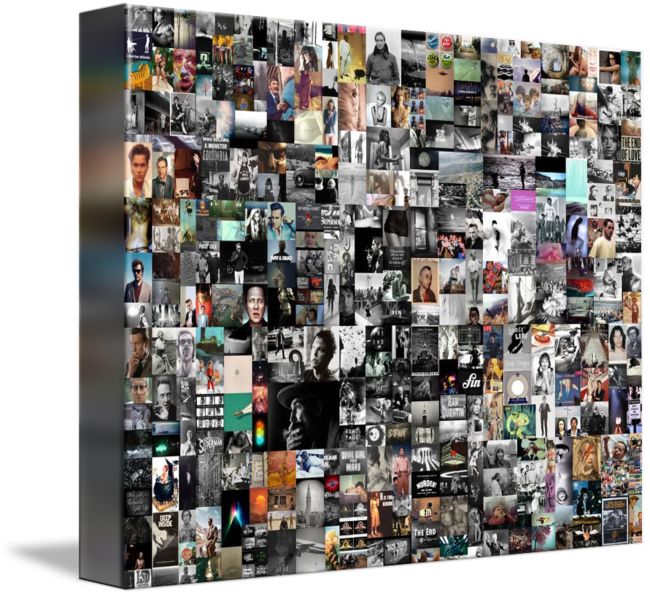 a large collage of black and white photos on a canvas with multiple pictures in it