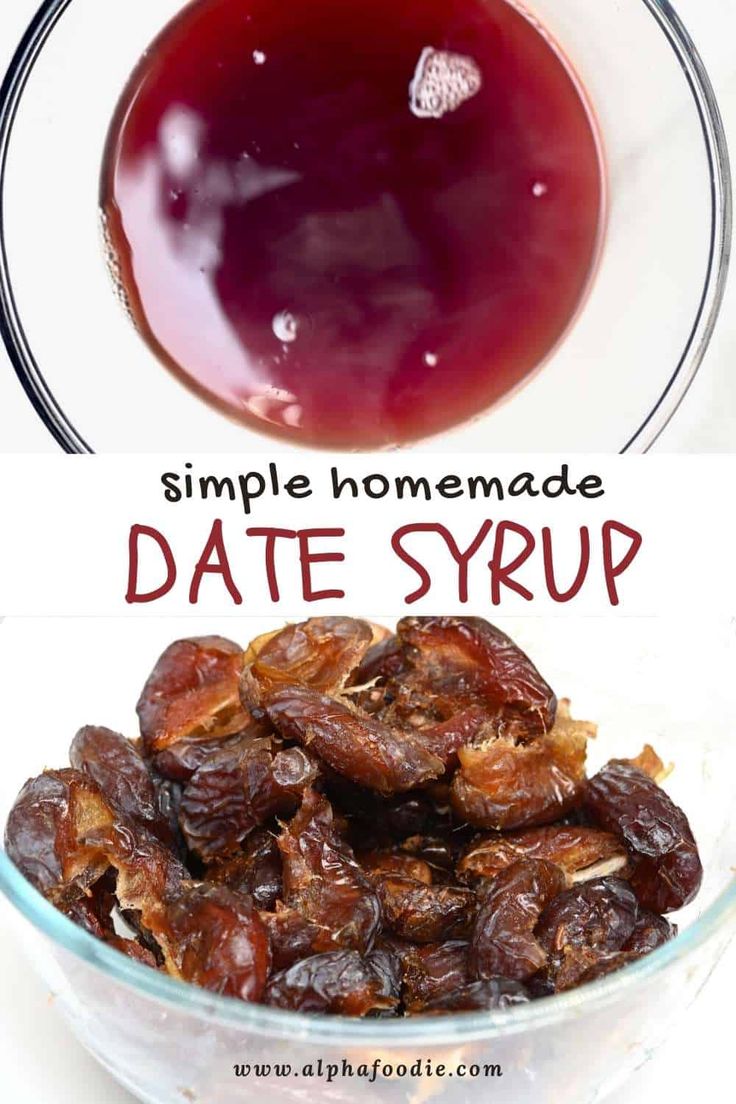 dates in a glass bowl with the words simple homemade date syrup