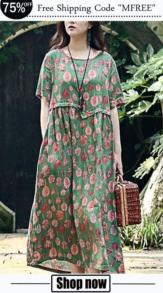 Summer Dresses Diy, Loose Summer Dress, Boho Styl, Cotton Clothes, Vestidos Vintage, Dress Shapes, Diy Dress, Maxi Dresses Casual, Green Print