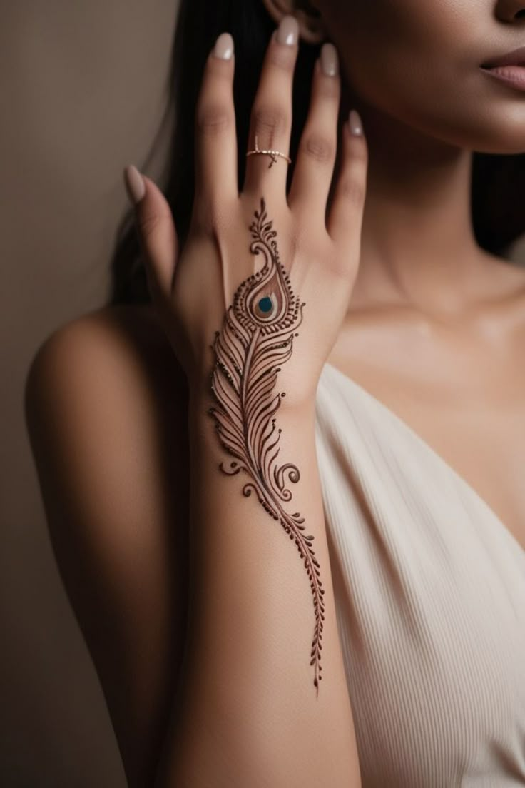 Elegant Mehendi Designs Front Hand, Modern Back Hand Mehndi Designs, Modern Simple Mehendi Designs, Peacock Feather Henna Designs, Peacock Feather Tattoo Design For Women On Hand, Back Design Mehndi Simple, Peacock Feather Henna, Artistic Henna Designs, Mehndi Modern Designs