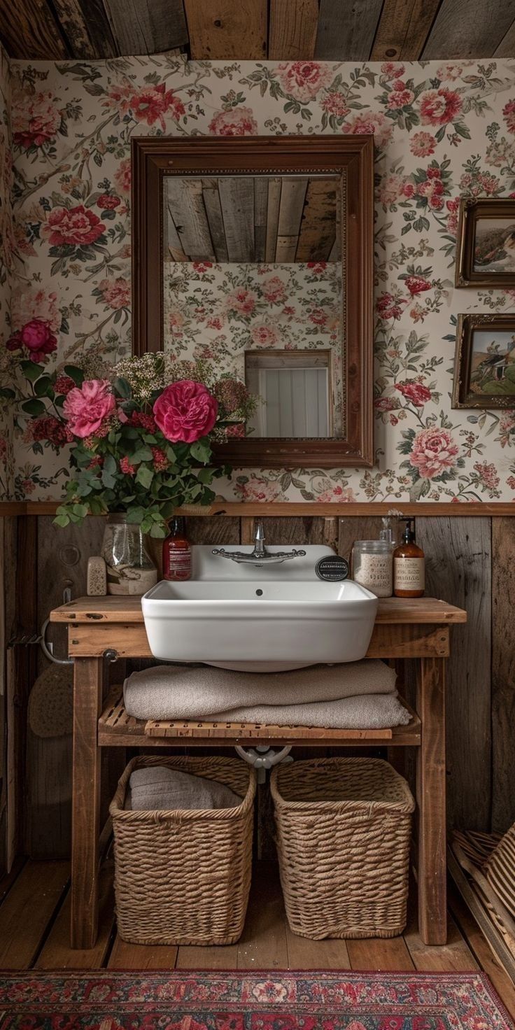 a white sink sitting under a mirror next to a wooden table with baskets on it