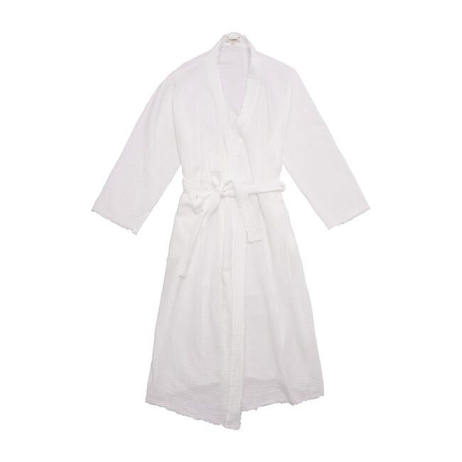 This soft organic cotton gauze robe has a raw-edge detail along the neckband and hems. Front opening and slightly oversized, it can be adjusted to your fit. Comfortable side seam pockets and a separate tie. Raw Edge, Front Open, Organic Cotton, Milk