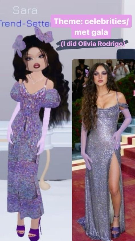 two pictures of the same woman in purple dresses and one is wearing an off shoulder dress