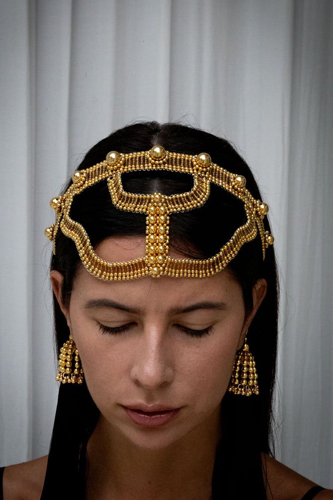 Khutulun Head Band in 22K Gold Wash – Object & Dawn Kublai Khan, Gold Cap, Gold Caps, Pearl Collection, Black Thread, Gold Wash, The Velvet, Head Band, Gold Collection