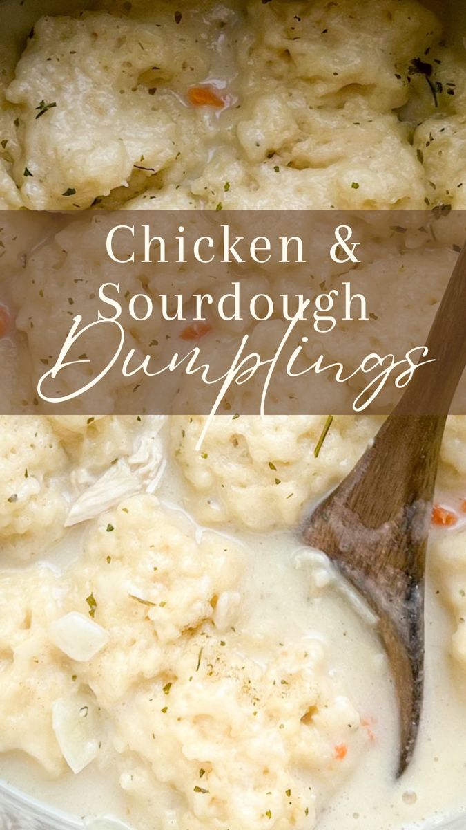 chicken and sourdough dumplings in a pot with a wooden spoon