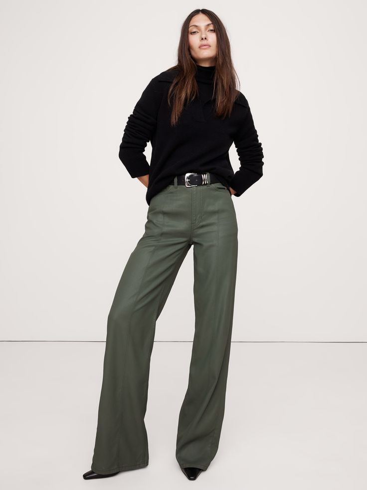 This signature straight-leg jean has a meticulous pintuck detail that lends a tailored touch.  Here, we cut these in a special coated denim we sourced from Spain--a fabric we love for its lovely drape and its ability to mimic the look of real leather.  High-rise, relaxed, straight leg.  Full length.  Button fly Five-pocket styling High-rise (11. 5").  Relaxed, straight leg.  Full length.  Inseam: Short 30", Regular 32", Long 35" Model: Size 25, 5'10" (178cm). Relaxed Classic Style Fashion, Coated Denim Outfits, Women Winter Capsule Wardrobe, Work Capsule Wardrobe Business Casual, Wide Leg Trousers Outfit Classy, Work Outfits Business Casual, Created Colorful, Over 40 Fashion, Coated Jeans