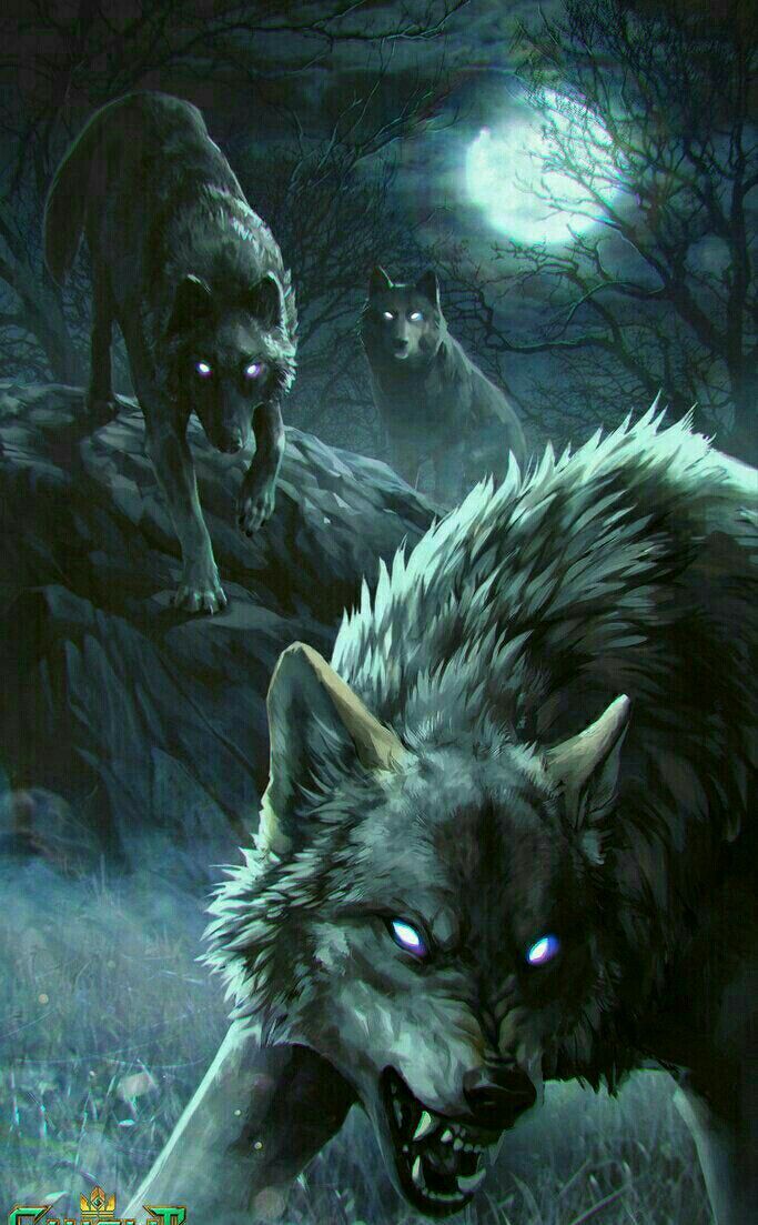 an image of two wolfs in the woods at night with full moon behind them