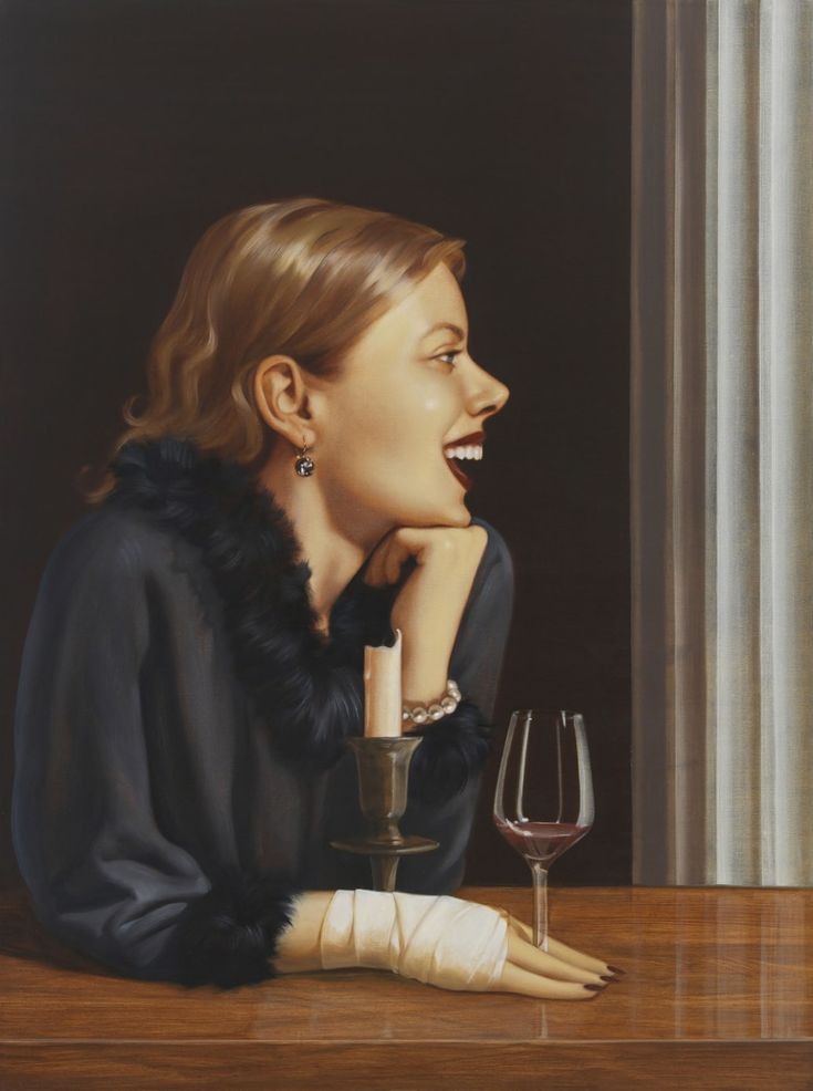 a painting of a woman sitting at a table with a glass of wine in front of her