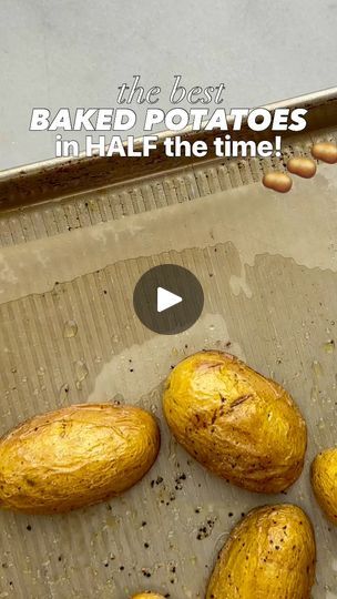 baked potatoes in half the time on a baking sheet with text overlay that reads, the best baked potato holes in half the time