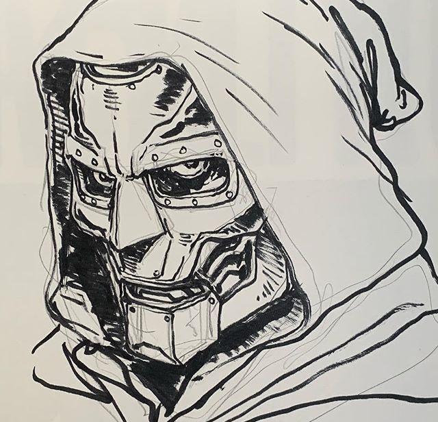 a black and white drawing of a man wearing a hood