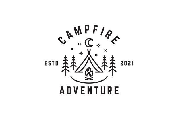 the campfire adventure logo is shown in black and white, with trees around it