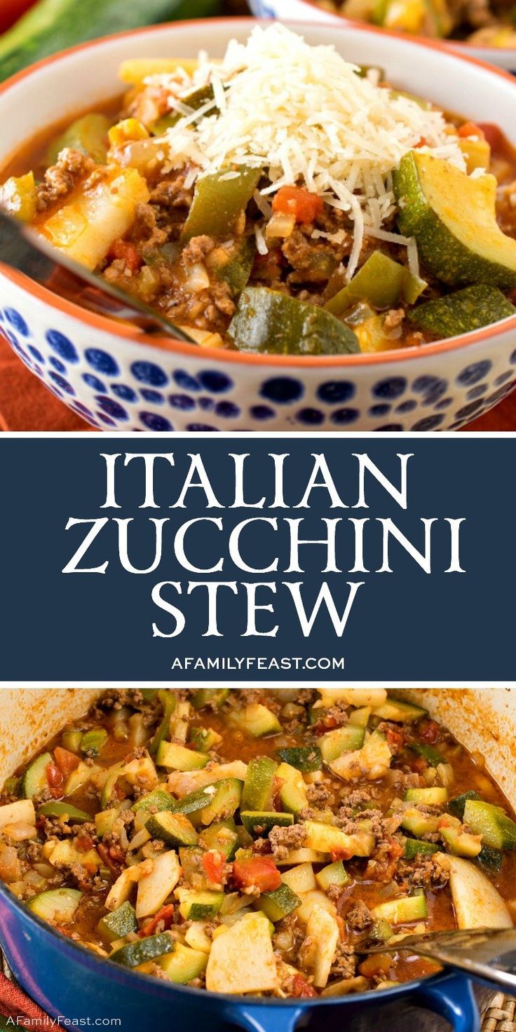 italian zucchini stew in a blue and white bowl with the title above it