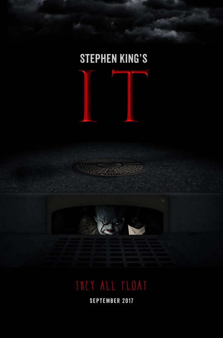 the poster for stephen king's it is shown in red and black with an evil clown