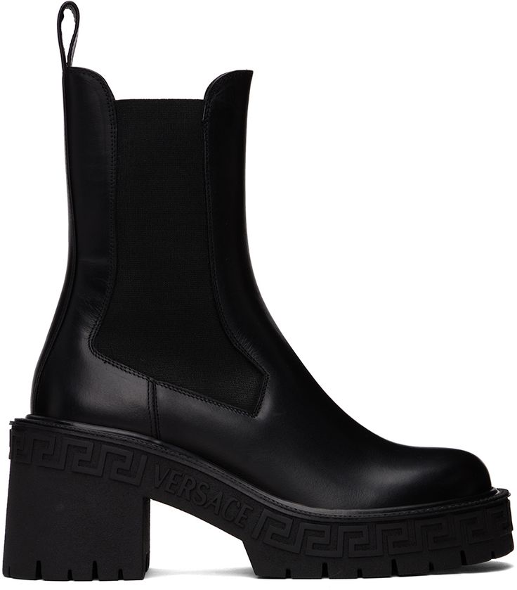 Ankle-high buffed calfskin boots in black. · Pull-loop at heel collar · Elasticized gusset at sides · Buffed nappa leather lining · Scalloped detailing at welt · Signature Greek key pattern embossed at midsole · Treaded rubber sole · Heel: H2.75 in Supplier color: Black Versace Shoes Women, Versace Boots, Versace Shoes, Black High Heel Boots, Versace Outfit, High Heel Boots, Luxury Streetwear, Shoe Collection, Chelsea Boots