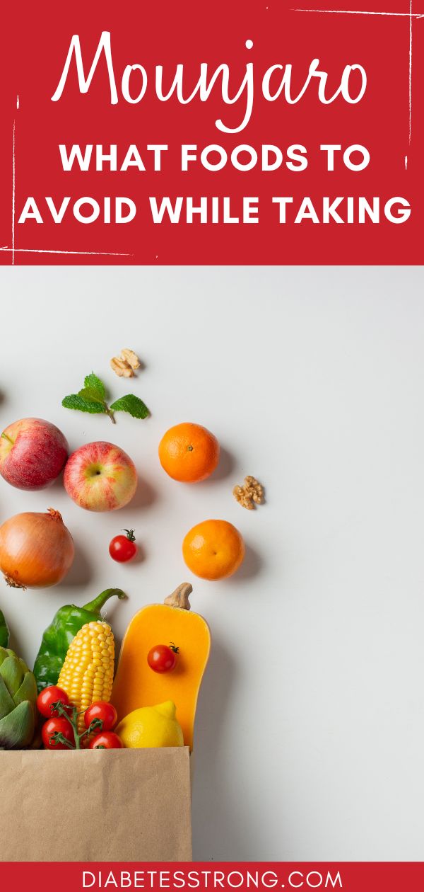 a paper bag filled with fruits and vegetables on top of a white table next to a red sign that says mouniao what foods to avoid while taking