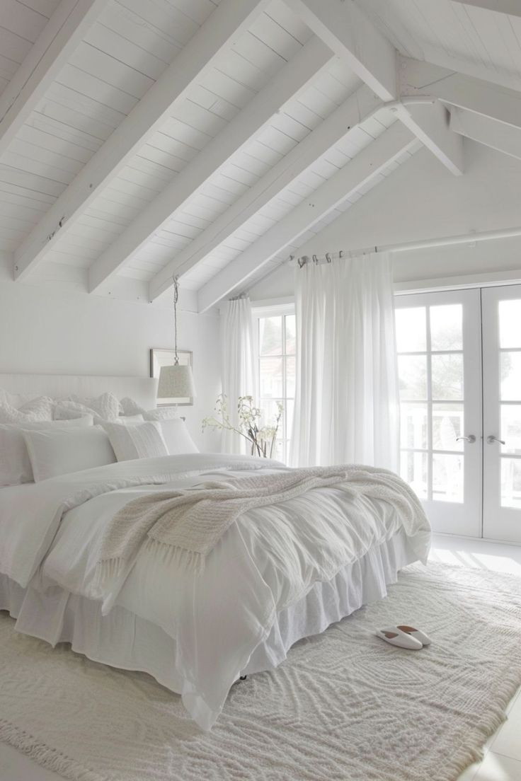 a bedroom with white bedding and pillows on the floor in front of two windows