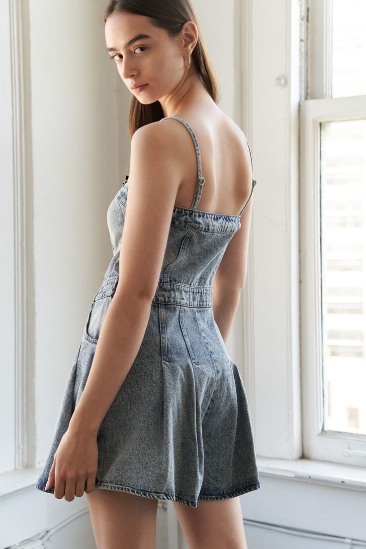 An acid washed denim romper featuring straight neckline, adjustable straps, side pocket, front/back pleats and side zipper closure Details: Self : 100% Cotton Size & Fit - Model is 5`9" And Wearing Size Small- Measurements Taken From Size Small- Approx. Length: 32" Summer Denim Overalls With Adjustable Straps, Spring Denim Jumpsuits And Rompers With Adjustable Straps, Summer Dark Wash Overalls With Adjustable Straps, Fitted Shortalls With Adjustable Straps, Resort Dresses, Denim Romper, Straight Neckline, Dress Satin, Washed Denim