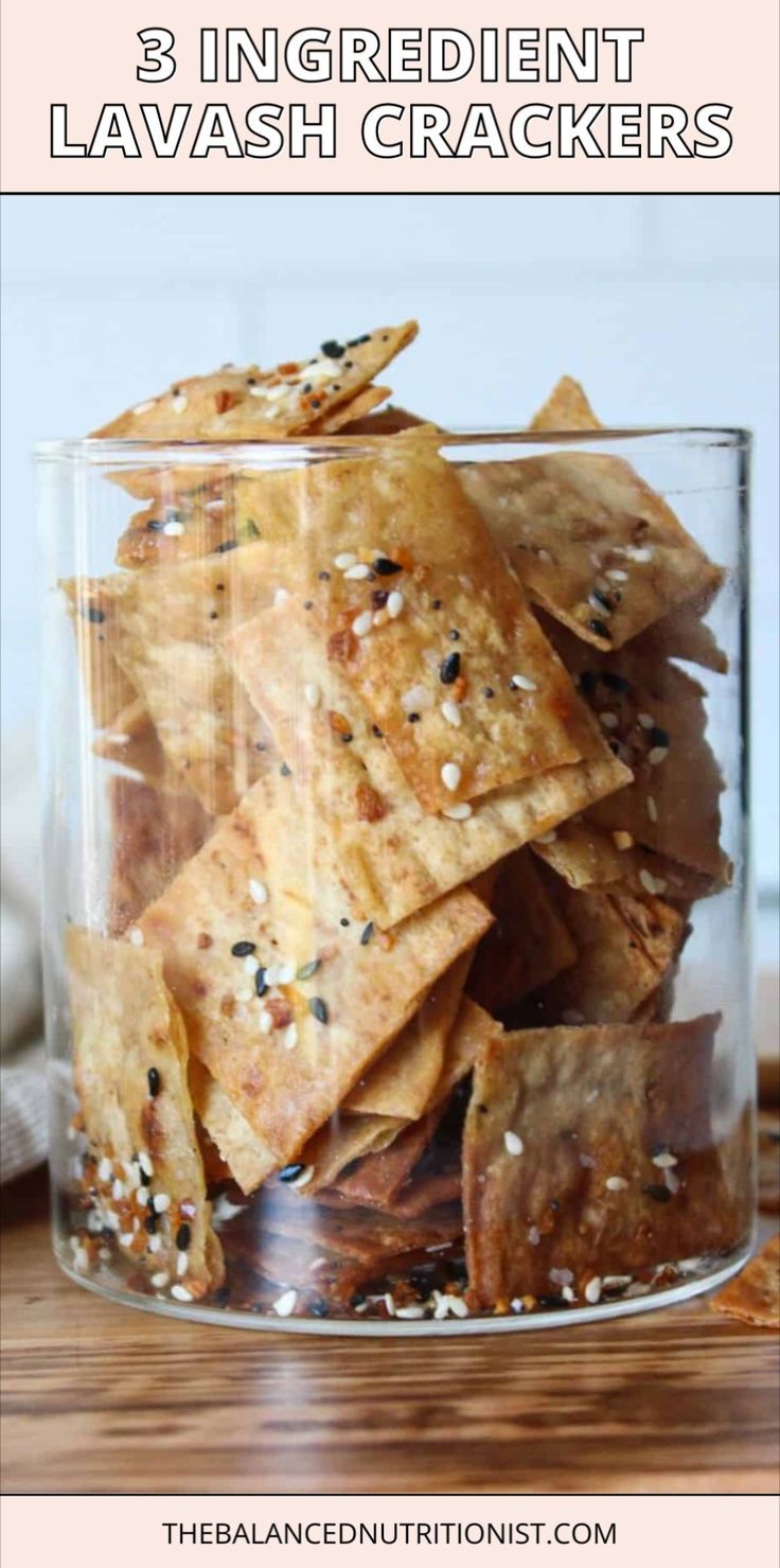 three ingredient lavash crackers in a glass jar with text overlay that reads, 3 ingredients lavash crackers