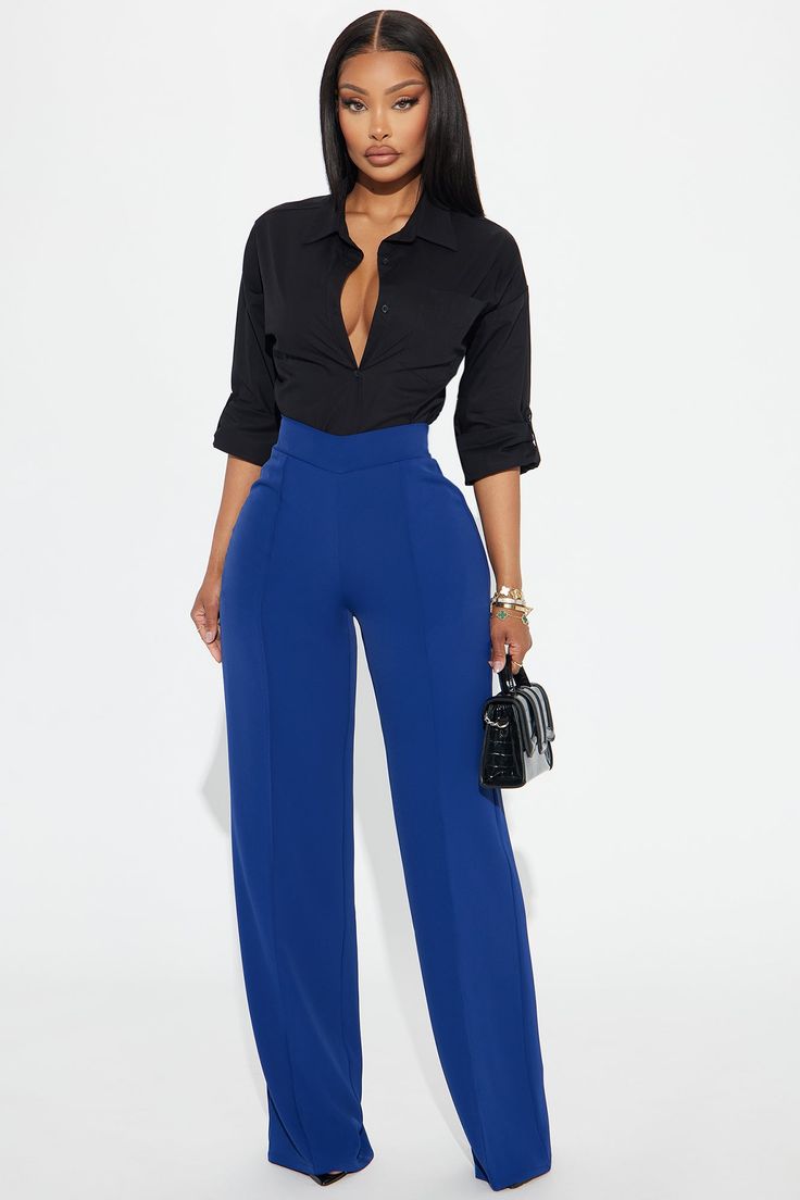 Vicky High Waisted Dress Pants - Navy | Fashion Nova, Pants | Fashion Nova Blue High-waisted Dress Pants For Office, Navy Blue Work Pants Outfit, Summer Navy High-waisted Pants, Chic Blue High-waist Dress Pants, Navy Blue Pants Outfit Women, Blue Pants Work Outfit Women, Navy Casual High-waisted Wide Leg Pants, Navy High-waist Pants With Pockets, Navy Blue Pants Outfit