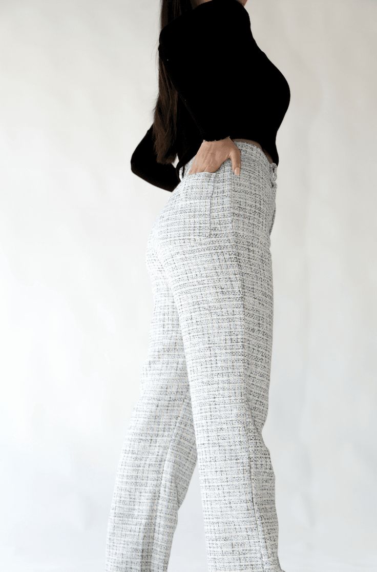 Tweed High Waisted Pant. Tweed Material. Model wears a size small. Fits true to size. Tweed Material, Tweed Pants, Pants Large, British Indian, High Waisted Pants, Set Dress, Lounge Wear, High Waisted, Pants