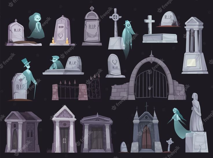 a bunch of tombstones and graves in different shapes, sizes and colors on a black background