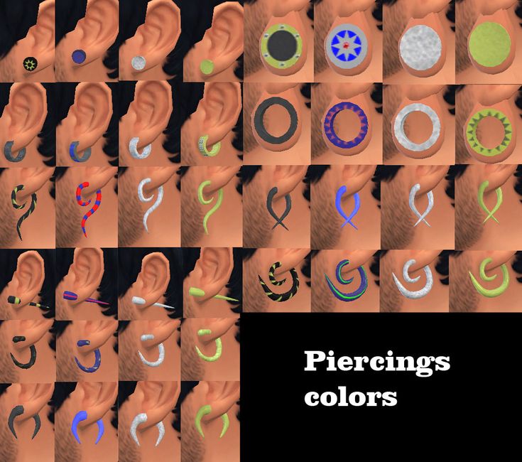 there are many different images of ear piercings in the same image, each with different colors and shapes