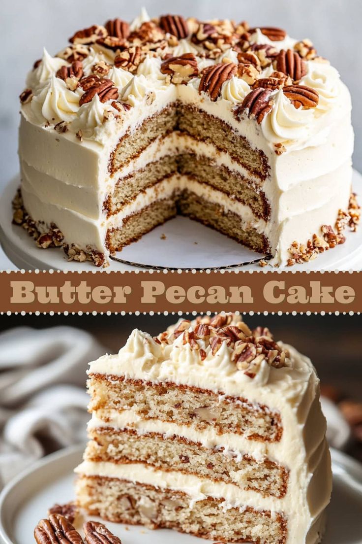 a cake with white frosting and pecans on top is cut in half to show the layers