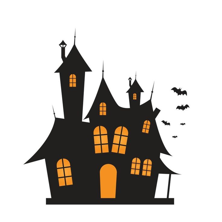 a black and orange halloween house with bats flying around the windows on a white background