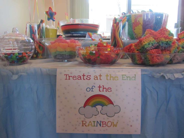 a table topped with lots of candy and candies next to a sign that says treats at the end of the rainbow