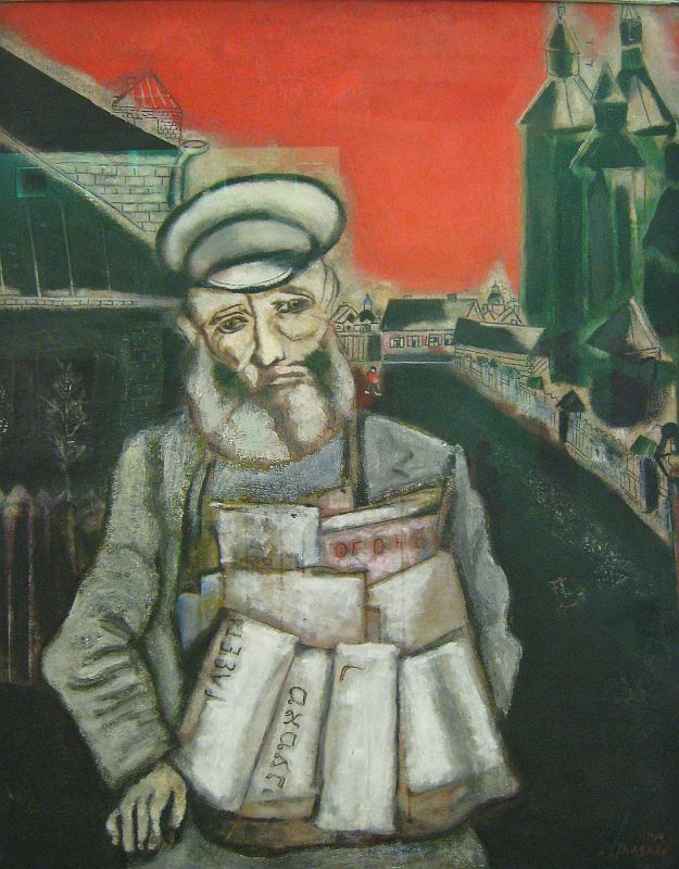 a painting of a man holding books in his hands