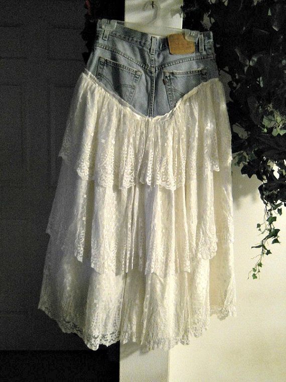 Denim Skirts With Lace, Lace Ruffle Skirt, Denim Couture, Skirt Diy, Upcycled Jeans, Skirt Inspiration, Skirt Tulle, Upcycle Clothes Diy, Lace Diy