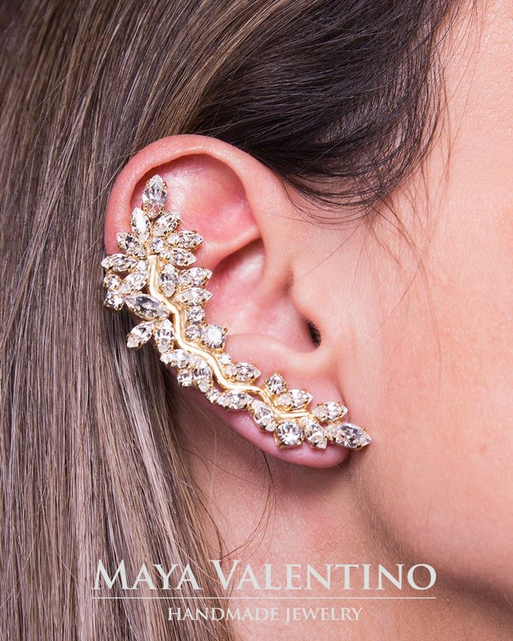 "Bridal Ear Cuff Earrings, Ear Climber, Climbing Earrings, Swarovski Ear Cuff, Bridesmaid Ear Crawler, Climber Earrings, Swarovski Earrings Amazing, Stunning, Abstract ear cuff design, with unique, fresh design, great for bridal, prom, Special Occasion or a gift for best friend. Available in stock in all plating variations. Crystals in Stock is Black & Crystal; all other is A custom request, Please contact Via Etsy conversation we will do our best to make your dream piece. Designed & Cre Earrings Weddings, Blue Bridal Earrings, Climbing Earrings, Gold Ear Climbers, Ear Climber Earrings, Jewelry Prom, Bridal Roses, Cuff Design, Ear Climbers Earrings