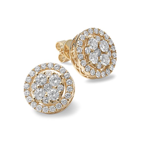 Add sparkle every day with these stunning halo earrings. They feature a cluster of natural diamonds at the center and lacy filigree around the sides for a touch of vintage-inspired charm. Crafted with care in warm 14-karat yellow gold  friction backs offer secure daily wear. Elegant Round Cut Cluster Earrings With Halo Setting, Yellow Gold Diamond Cluster Earrings With Halo, Elegant Round Cut Halo Cluster Earrings, Luxury Diamond Earrings With Halo, Dazzling Diamond Cluster Earrings With Halo, Elegant Diamond Cluster Earrings With Halo Detail, Luxury Halo Diamond White Earrings, Elegant Diamond Cluster Earrings With Halo, Dazzling Diamond Halo Cluster Earrings