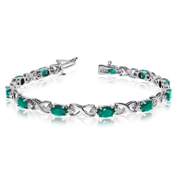 Oval Emerald & Diamond XOXO Link Bracelet 14k White Gold 7ct - CBB82 Formal White Gold Diamond Bracelet With Emerald, Elegant White Gold Diamond Bracelet With Emerald, Luxury White Gold Emerald Bracelet, Luxury Emerald Cut Green Diamond Bracelet, Formal Green Emerald-cut Tennis Bracelet, Sterling Silver Birthstone Necklace, Gold Link Bracelet, Emerald Bracelet, Diamond Solitaire Necklace