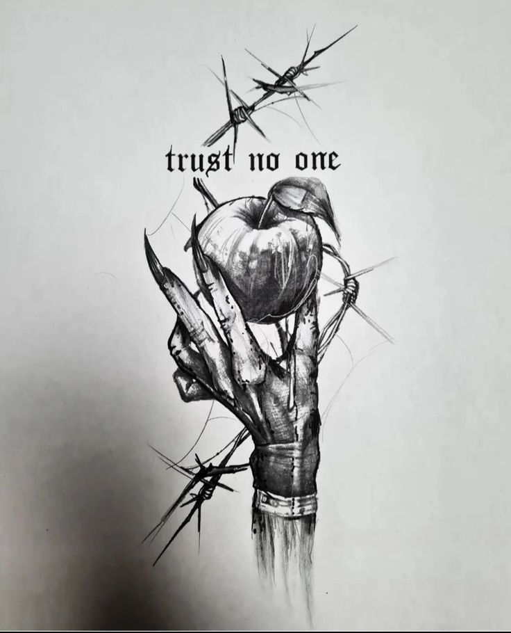 a drawing of a hand holding an apple with the words trust no one on it