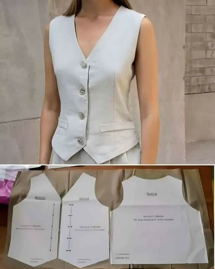 two pictures show the same woman's white dress and vest, but with different buttons