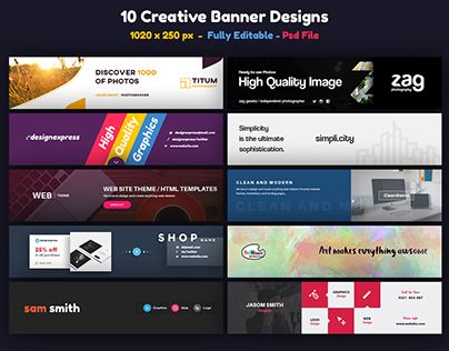 the website design for creative banner designs is displayed on a dark background with multiple colors and sizes