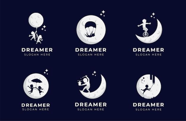 six logos for children's clothing and accessories, with the moon in the background