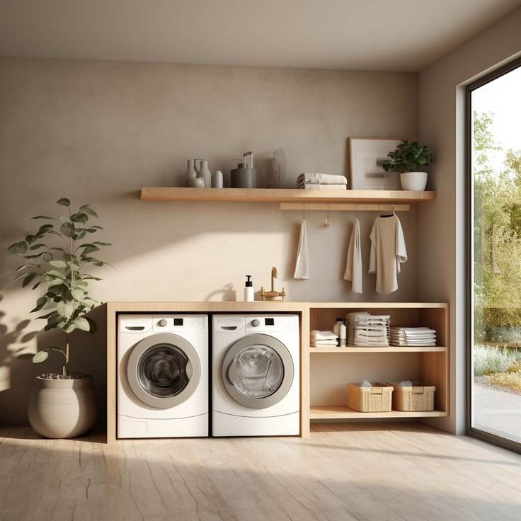 a washer and dryer sitting in front of a window next to a shelf