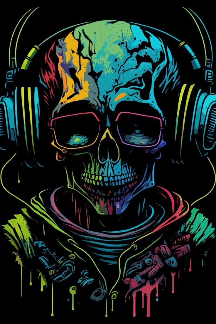 a skull wearing headphones and listening to music