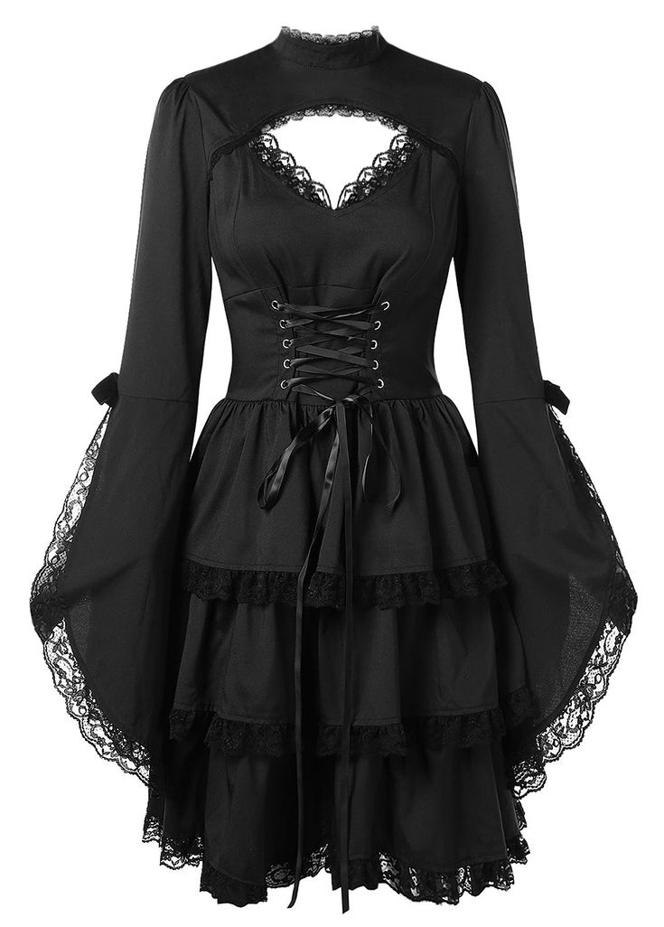 Nouveau produit : Long Flared Sleeve Black Dress Lace and Lacing kimono Gothic Lolita Vous aimez ? / New product do you like ? Prix: 42.90lt;brgt;#new #nouveau #japanattitude #robes #gothique #gothic #gothiclolita #dress #black #ruffle #lace #laceup #sleeves #neckline #long #flared #lolita #kimono #belt #goth #japan #japanese #lace-up gothic lolita Gothic Corset Dresses, Witchy Clothes, Black Dress Elegant, Witchy Dress, Fantastic Fashion, Presents Ideas, Steampunk Dress, Witch Dress, Punk Dress