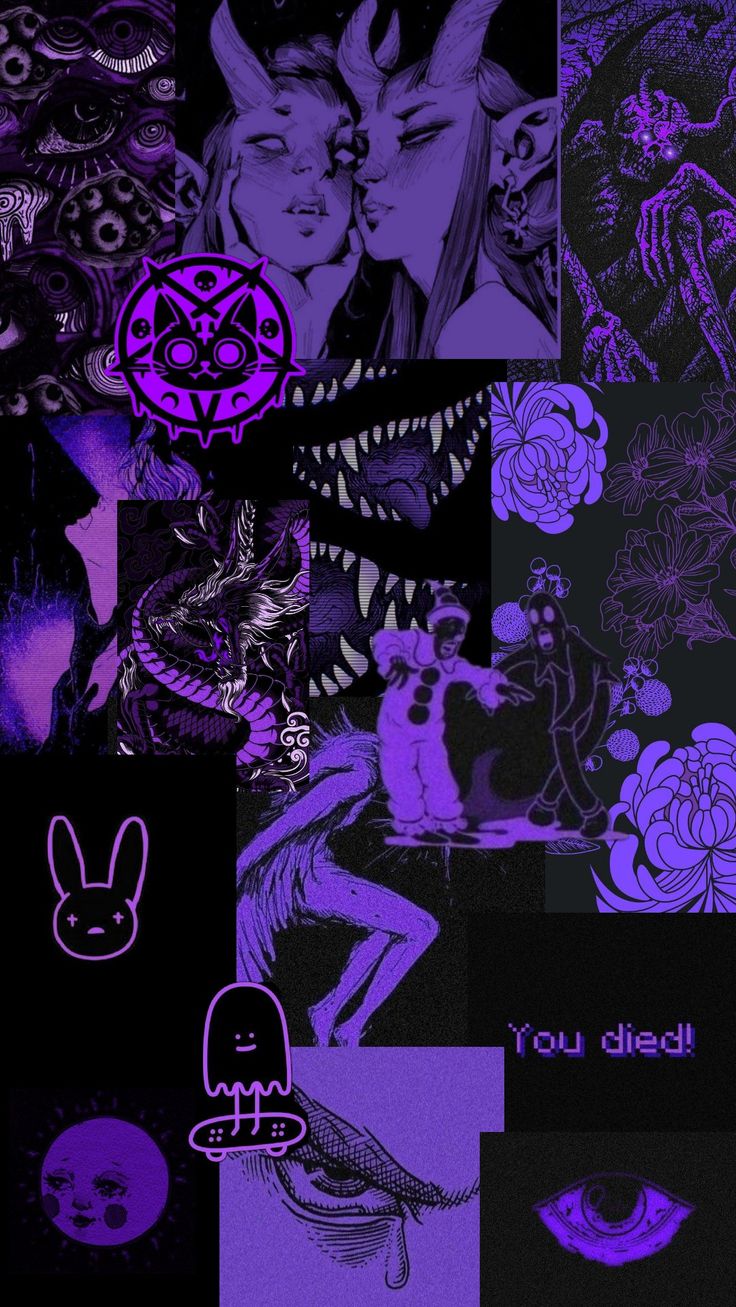 purple and black collage with images of people, animals, and flowers in the background