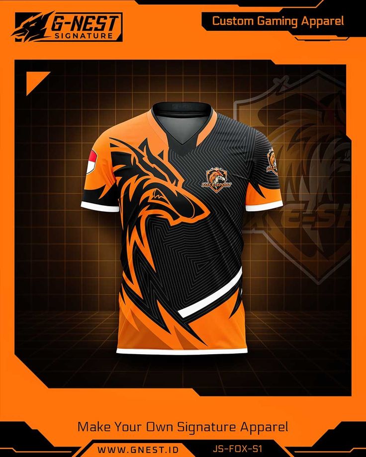 an orange and black shirt with the words custom gaming apparel