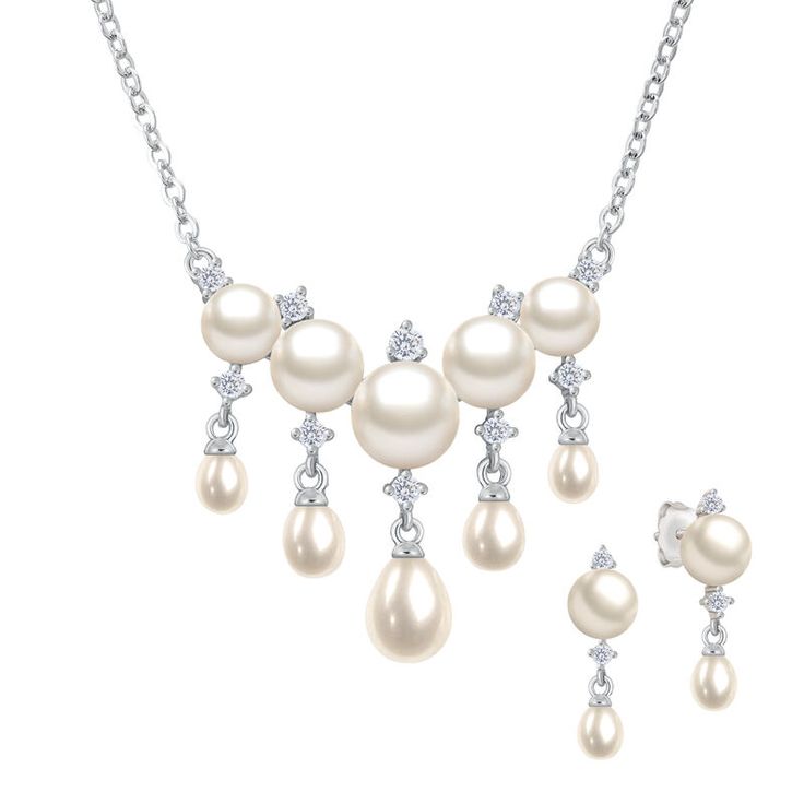 Undeniably elegant… This shimmering sterling silver necklace and earring set features an array of luminous white cultured pearls presented in an elegant drop design.  For the perfect finishing touch, the necklace and earrings are aglow with dazzling simulated diamonds that sparkle with every movement.  Arrives in our Signature Presentation Pouch, perfect for gift giving or safekeeping. White Pearl Drop Jewelry Sets, Elegant Pearl White Jewelry Set With Pearl Pendant, Elegant Pearl Pendant Jewelry Set For Formal Occasions, Elegant Formal Jewelry Sets With Pearl Pendant, Elegant White Pearl Drop Jewelry Sets, Elegant White Jewelry Sets With Pearl Pendant, Formal Silver Pearl Jewelry Sets, Elegant Silver Jewelry Sets For Formal Occasions, White Sterling Silver Jewelry Sets With Elegant Design