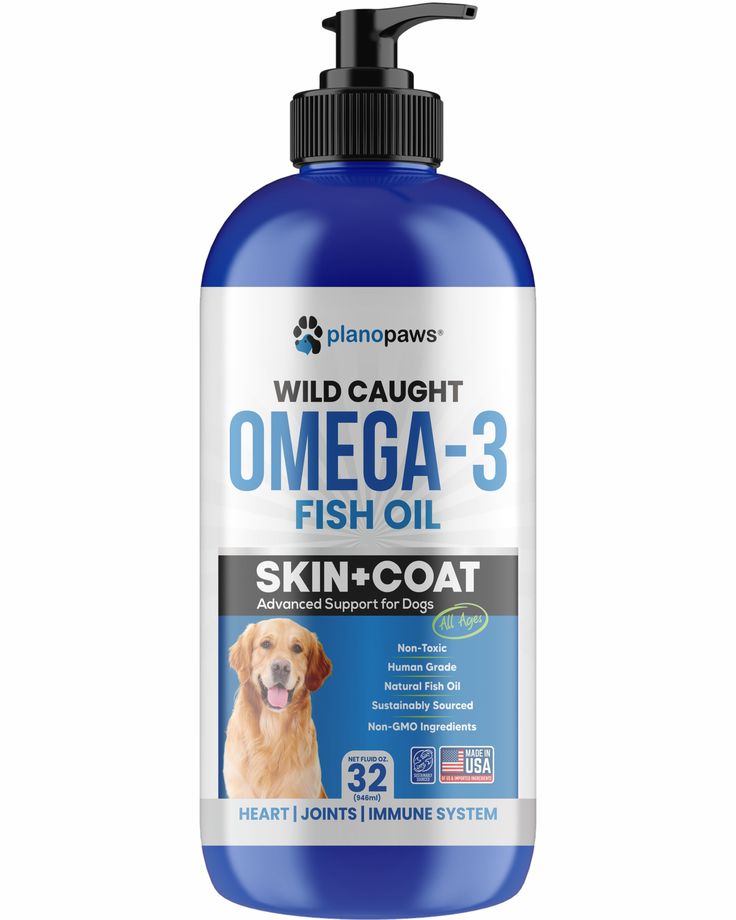 a bottle of fish oil with a dog on the front and side, which is labeled'wild caught '