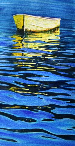 a yellow boat floating on top of a lake next to a shore covered in blue water