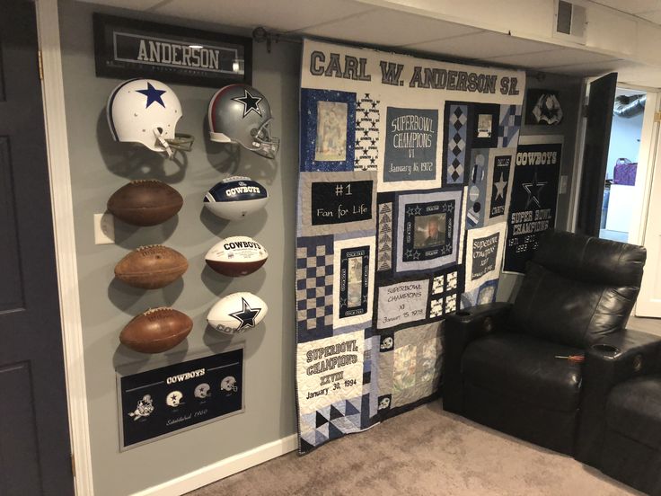 a football themed room with a chair and wall hangings on the walls that are decorated with sports memorabilia