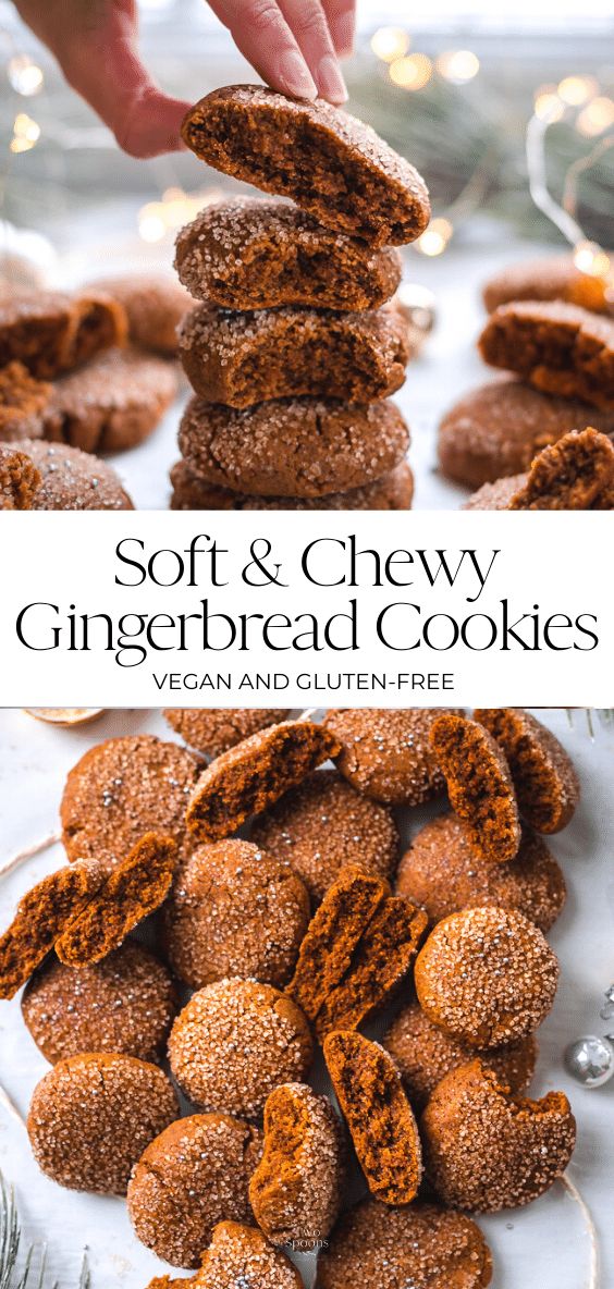 soft and chewy gingerbread cookies are stacked on top of each other, with the title above it