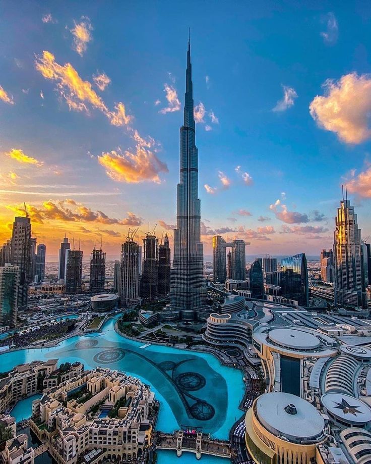 an aerial view of the burj tower and surrounding skyscrapers