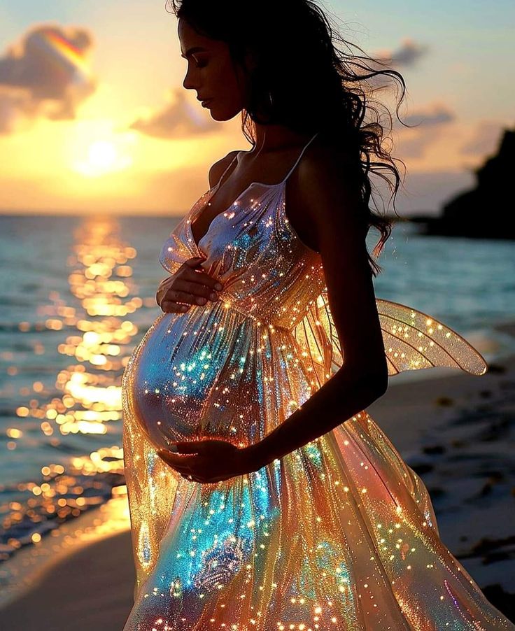 a pregnant woman is standing on the beach at sunset with her belly covered in glowing lights